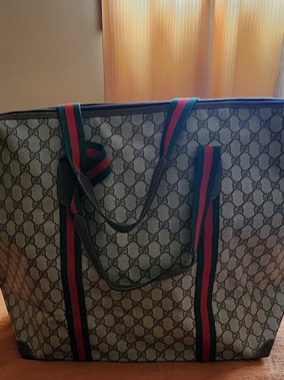 Gucci GG Supreme Cherry Line Tote w Green & Red Web Straps EUC Approx 23x15 1/2